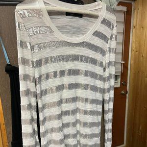 BCBG MacAzria Long Sleeve White and Silver Sequin Top Sz S